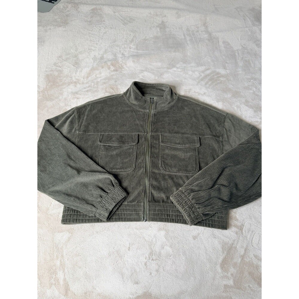 Aerie Olive Green Corduroy Cropped Jacket Full Zip Utility Pockets Size M - Picture 2 of 10